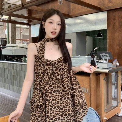 实拍 大码胖妹妹韩系慵懒豹纹无袖吊带背心夏季绝美辣妹显瘦上衣