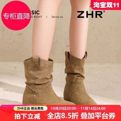 复古西部堆堆靴女2025新款秋冬季小个子内增高平底爆款加绒短靴子