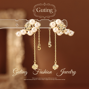 古婷金色花朵珍珠流苏耳坠耳环女高级感轻奢耳饰2026新款爆款耳钉