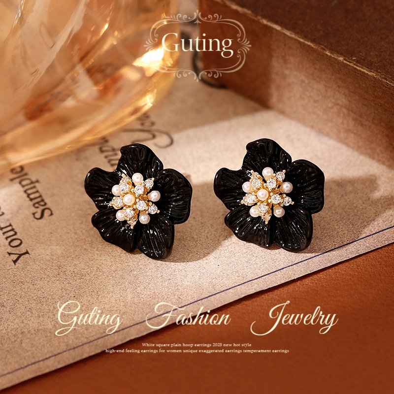 古婷黑色锆石珍珠花朵耳环女高级感轻奢耳钉2026新款爆款夸张耳饰,饰品/流行首饰/时尚饰品新,耳环,淘宝优惠券,粉丝福利购,淘宝优惠卷