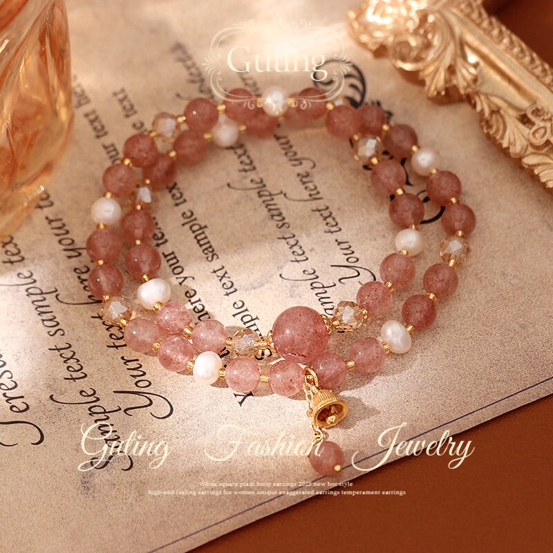 古婷双层叠戴天然珍珠草莓水晶手链女款2026新款高级感转运粉手串