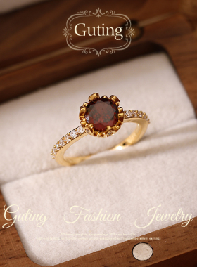 古婷红色锆石沙金开口戒指高级感