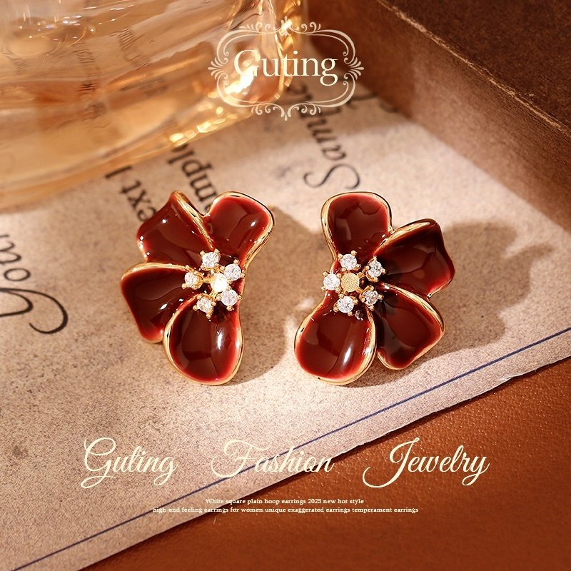 古婷红色微镶花朵新年耳钉女2026新款爆款夸张耳饰适合冬天的耳环,饰品/流行首饰/时尚饰品新,耳钉,淘宝优惠券,粉丝福利购,淘宝优惠卷