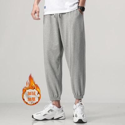 加绒卫裤男八分小个子休闲裤子男冬季加厚宽松束脚纯色运动裤男士
