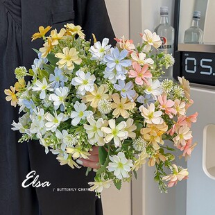 街面花箱装饰5叉10头蝴蝶雏菊仿真花把束客厅茶几假花雏菊摆件