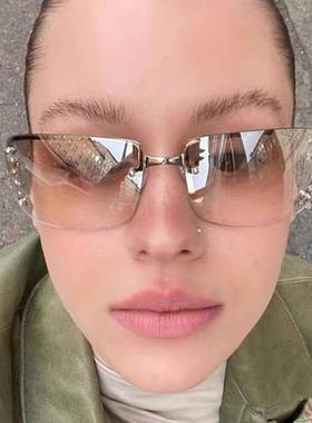 无框太阳镜Y2K辣妹甜酷太阳眼镜2025新款方形网红个性镶钻墨镜女