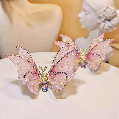 会动的蝴蝶发夹立体女孩灵动超仙发饰头花儿童古风水钻小发卡头饰