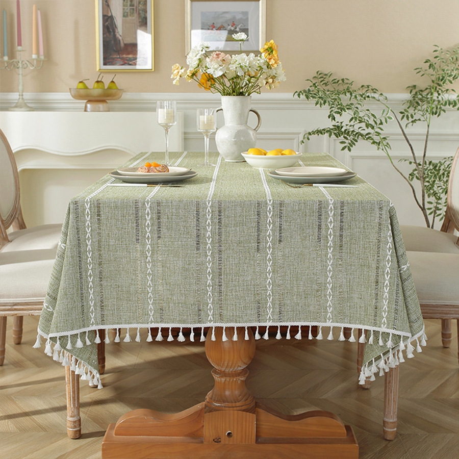 亚马逊热销餐桌布棉麻桌布纯色镂空条纹盖布茶几布艺装饰氛围感