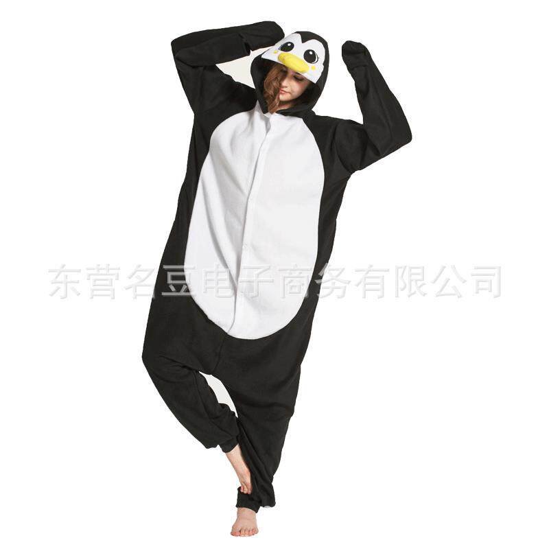 外贸现货黑企鹅动物卡通连体睡衣摇粒绒长袖情侣睡衣男女家居服