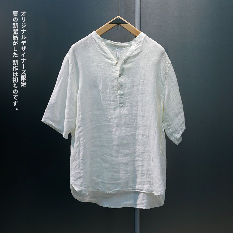 新中式复古做旧感亚麻短袖男士夏季高级感扎染棉麻半袖外穿衬衣男