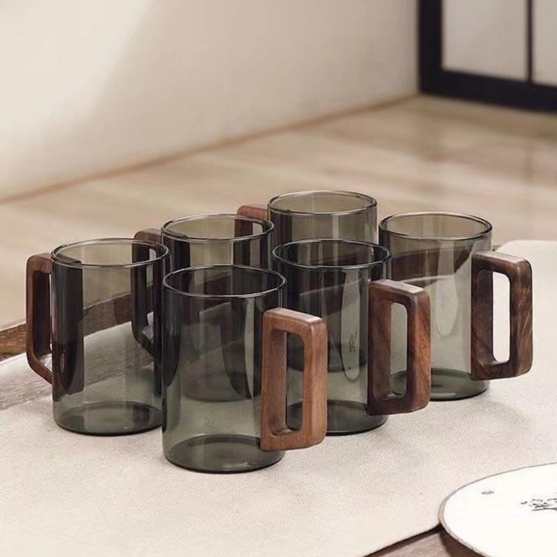 高颜值玻璃水杯家用客厅墨语杯耐高温茶杯套装待客透明木把杯子