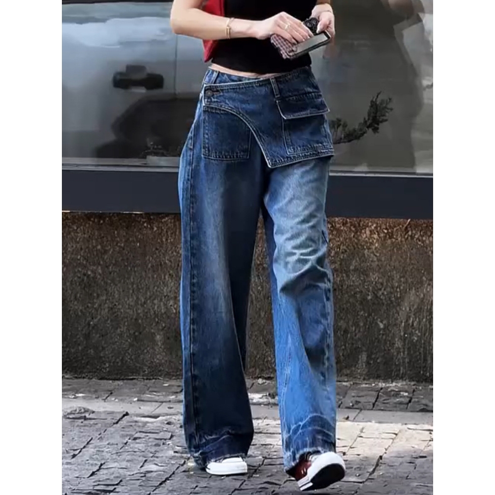 牛仔裤女2025夏季新款爆款拼接显瘦高腰长裤设计感时髦百搭阔腿裤