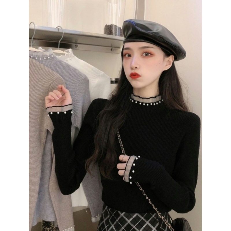 高档chic修身半高领毛衣女设计感花边蕾丝珍珠半高领长袖打底女装,女装/女士精品,大码内搭,淘宝优惠券,粉丝福利购,淘宝优惠卷