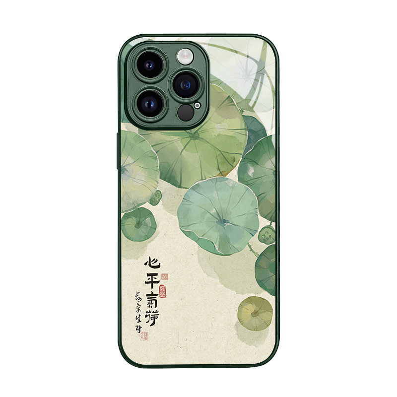适用苹果16pro手机壳钢化玻璃苹果15简约水彩机壳创意心平气荷iPhone13保护壳荣耀90全包mate60中国风防摔套