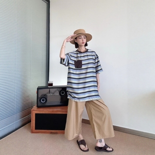 短袖 LM家高品 定制面料巨显瘦百搭复古配色条纹大版 夏季 T恤 新品