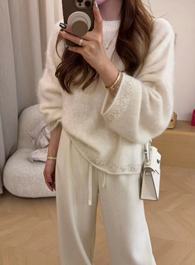 LM家高品  秋冬新品巨温柔法式慵懒风重工钉珠绵羊毛廓版毛衣