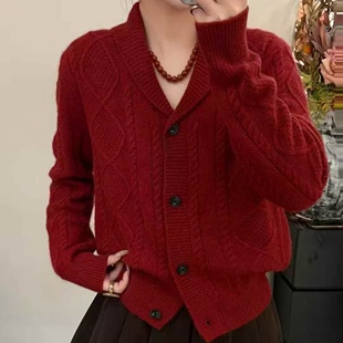 翻领麻花针织开衫 轻奢老钱风显瘦百搭款 毛衣 26年新品 LM家高品