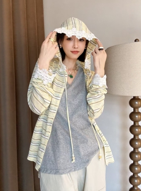 时尚拼接条纹针织防晒衫女2025夏季新品蕾丝边连帽拉链LM家高品