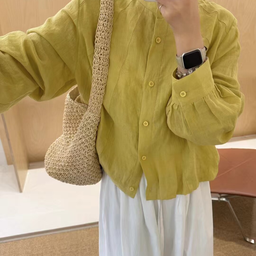 亚麻小衫女春季新款圆领
