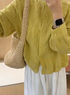 亚麻小衫女春季新款圆领