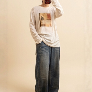 T恤 休闲慵懒风油画女人涂印超柔软面膜感长袖 LM家高品 春夏新品