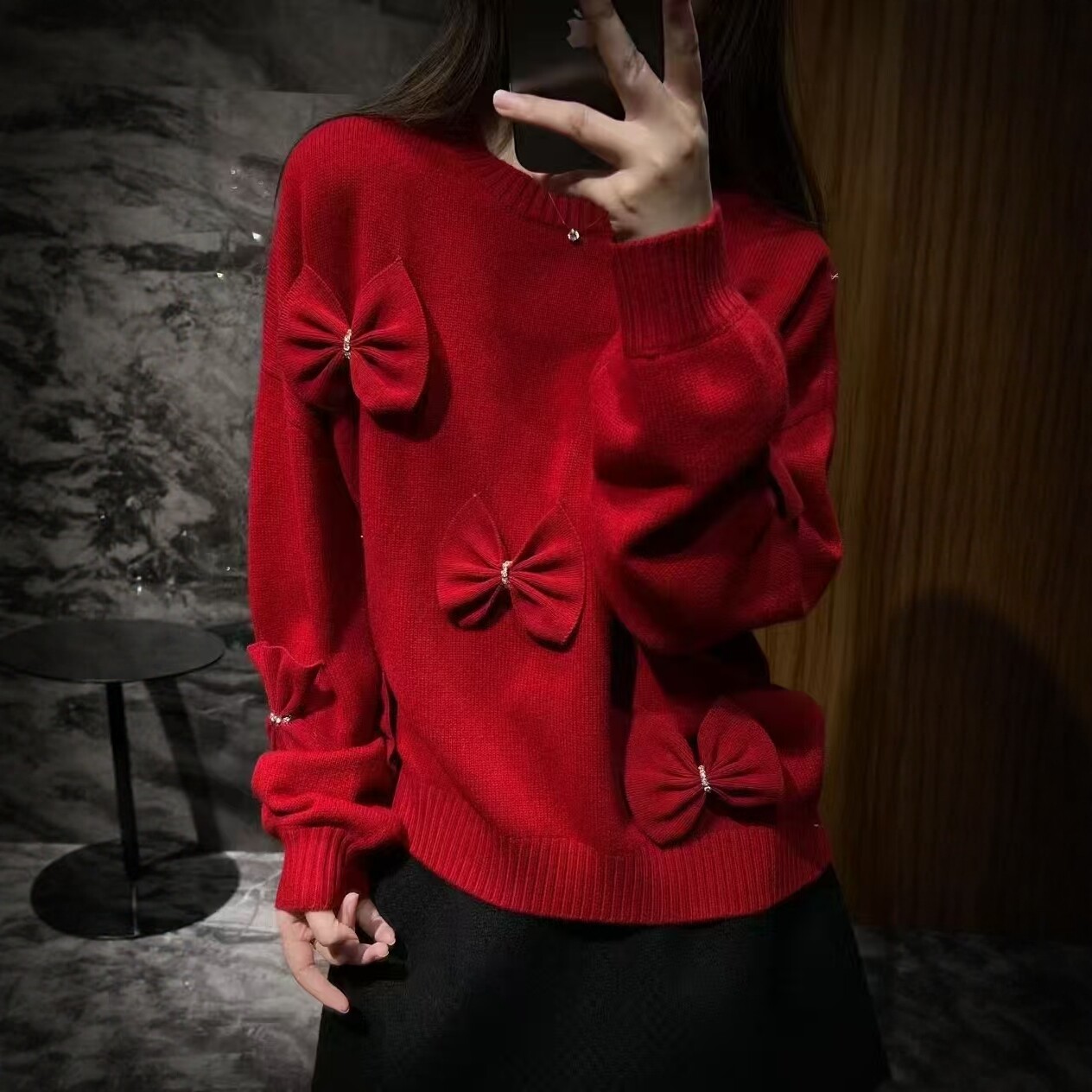 LM家高品 26年新品甜美淑女风设计感立体蝴蝶结钉钻装饰羊毛毛衣