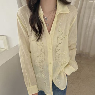 法式 新品 设计款 重工钉珠显瘦V领亚麻长袖 LM家高品 衬衫 春季