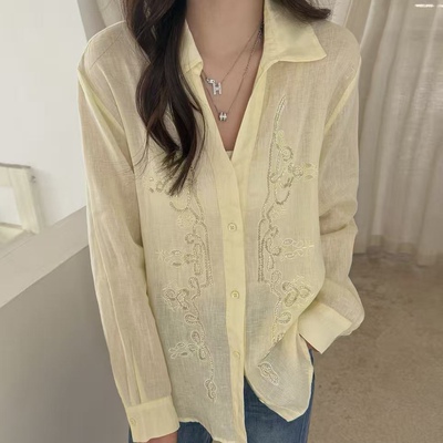 LM家高品  春季新品法式设计款重工钉珠显瘦V领亚麻长袖衬衫