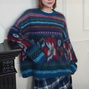 LM家高品  新年新衣温柔慵懒风明星同款复古提花羊毛羊绒拉毛毛衣