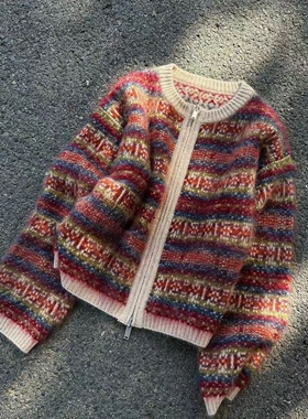 LM家高品  26年新品彩虹配色重工费尔岛风两面穿加厚拉链开衫毛衣