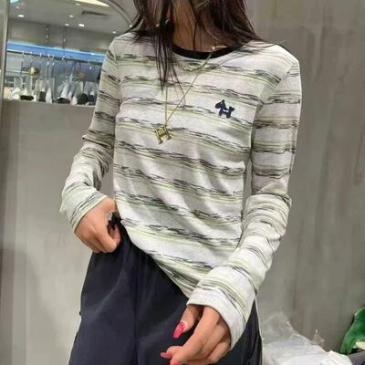 LM家高品  春夏新品时尚百搭清新奶油感配色小马条纹长袖T恤