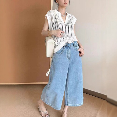 LM家高品  春夏新品时尚百搭收胯显瘦竖坑条腰带阔腿七分牛仔裤