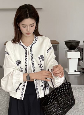 LM家高品  春季新品慵懒风复古重工刺绣天丝亚麻灯笼袖拉链外套