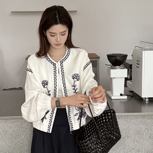慵懒风复古重工刺绣天丝亚麻灯笼袖 新品 拉链外套 春季 LM家高品