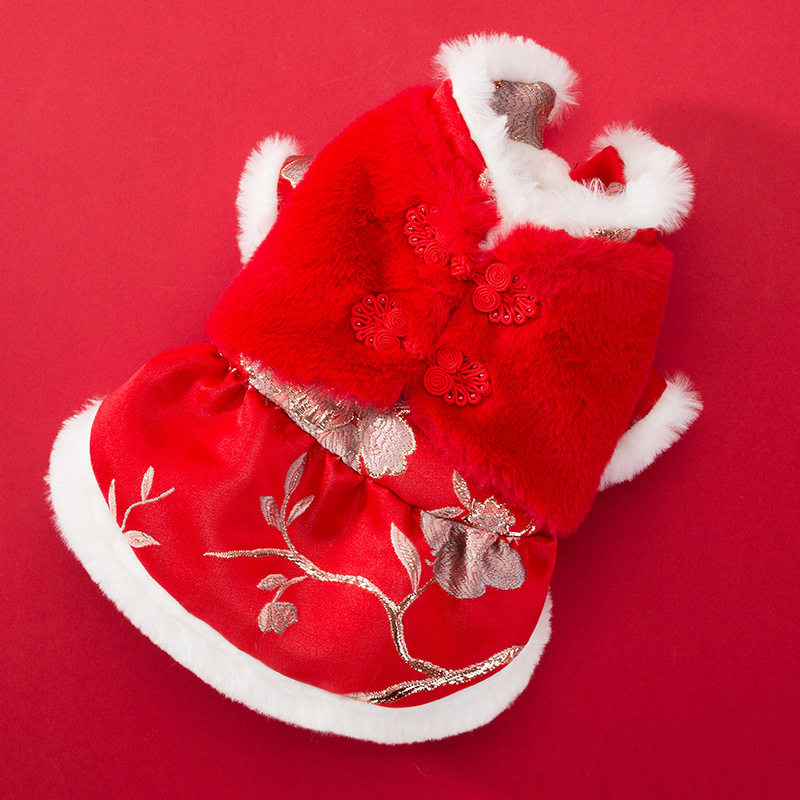 新款宠物衣服狗狗唐装秋冬加绒皮草唐装裙小型犬猫咪冬季保暖服装