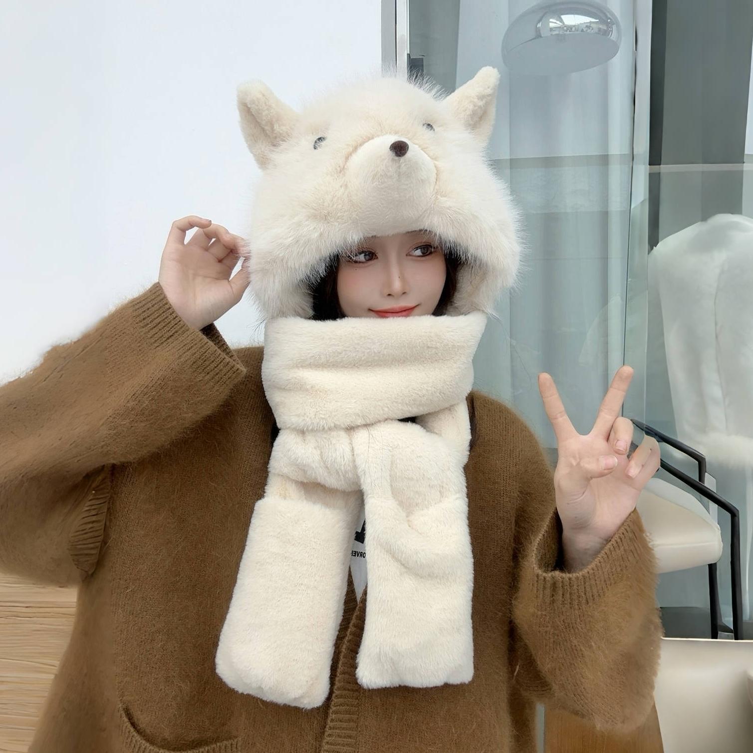冬季立体狐狸围巾帽子三件套女帽子围巾一体加绒加厚防寒保暖围脖