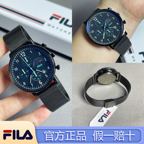 FILA斐乐男士款三眼多功能钢带手表夜光指针腕表时尚学生男表6743