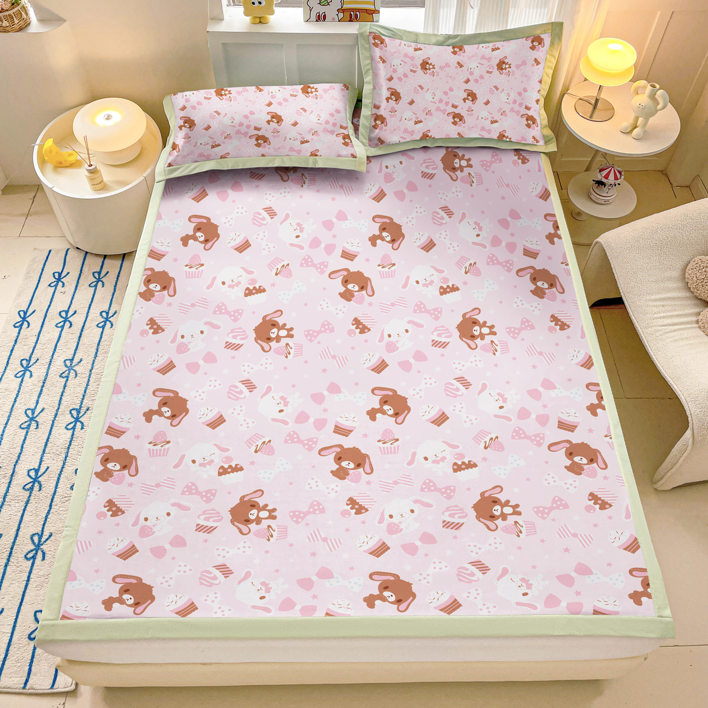 浅粉可爱甜点兔冰丝凉席三件套单人学生宿舍空调软席可机洗席子