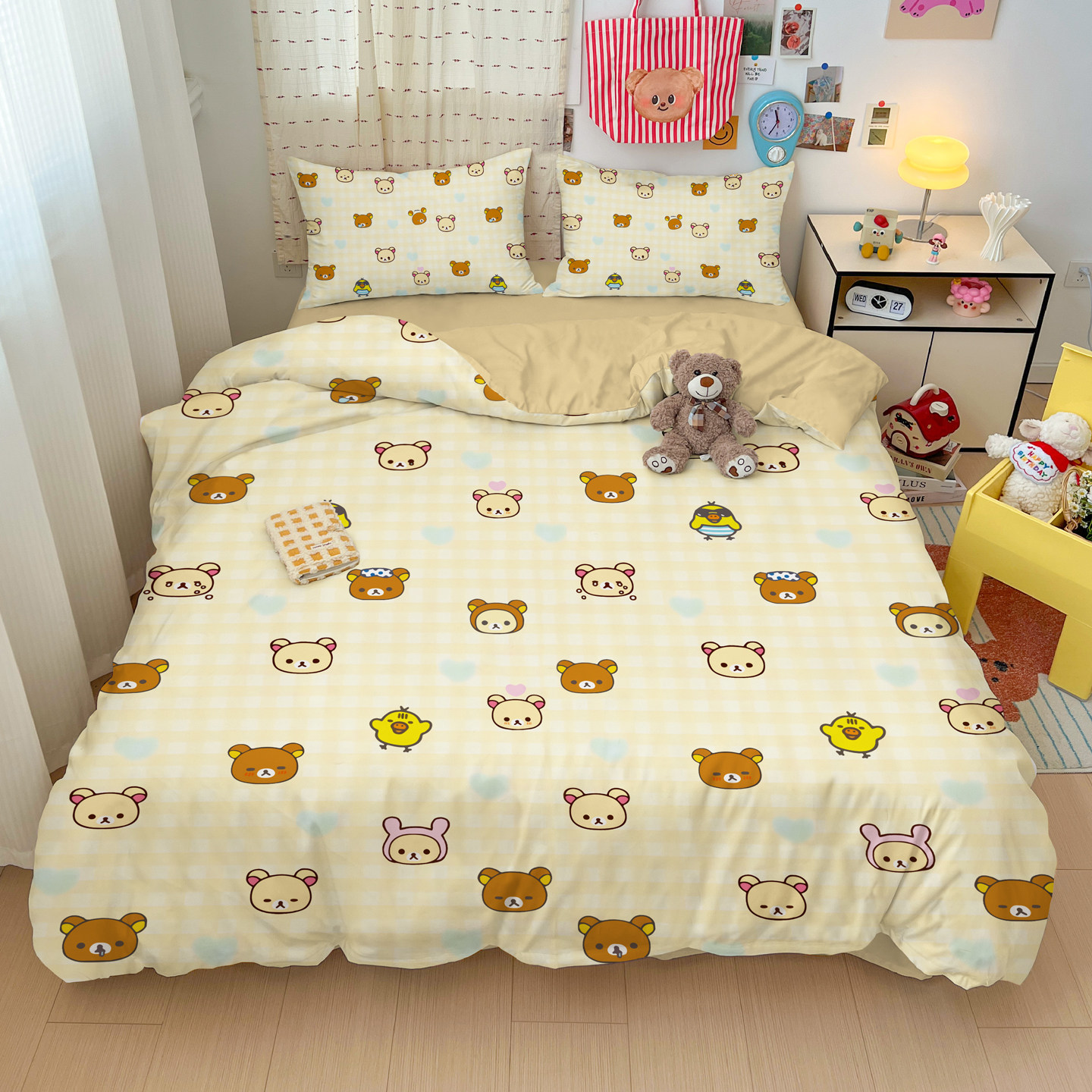 原创轻松熊全棉四件套米黄暖色系四季通用学生宿舍三件套纯棉套件