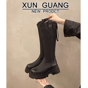 英伦风不过膝小个子厚底v口高筒靴骑士长靴 真皮长筒靴女2025新款