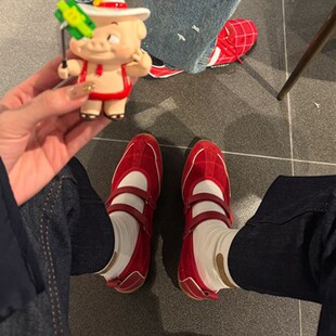 牛皮版~真皮小众芭蕾风德训鞋双条带运动风玛丽珍女鞋平底单鞋女