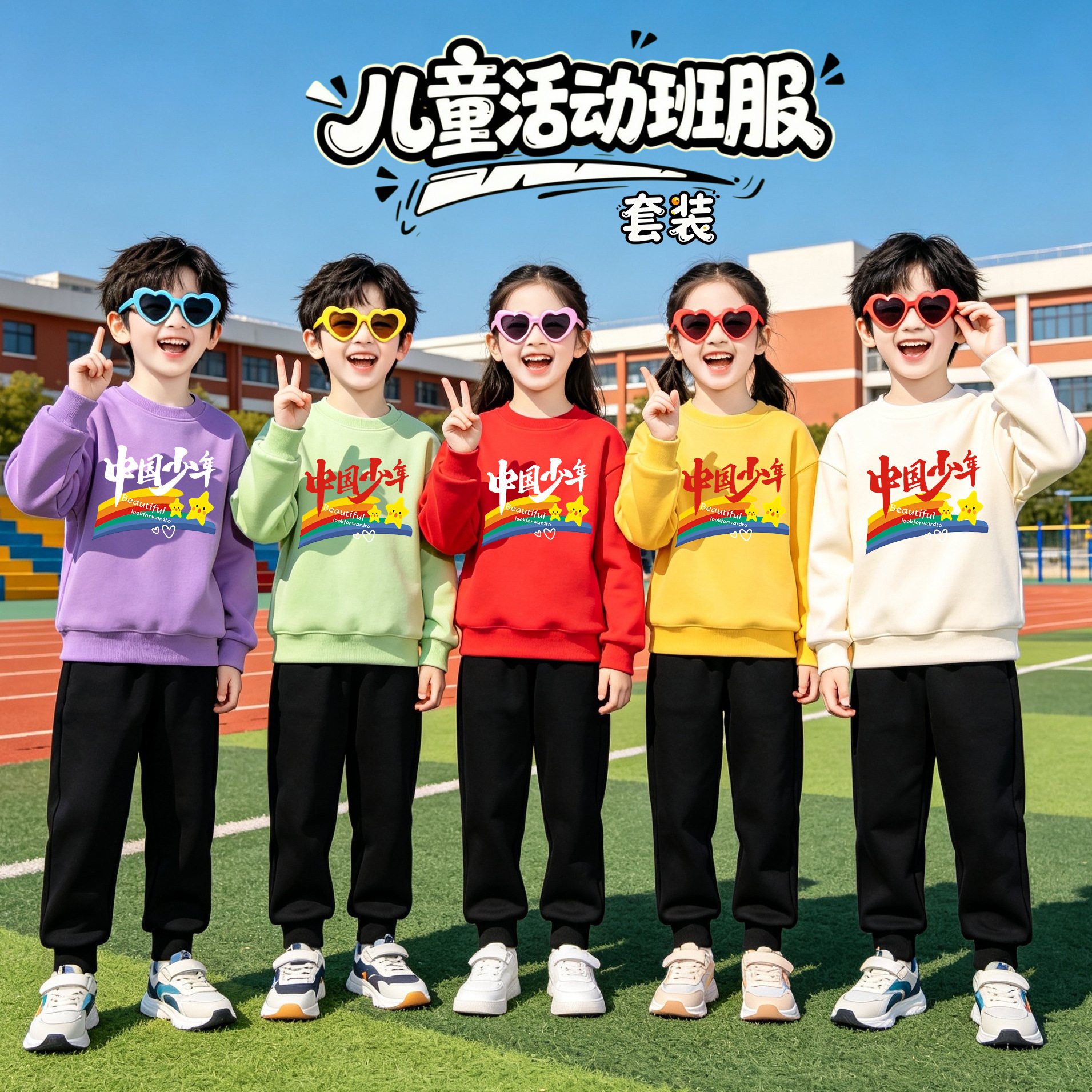 中国少年男生女生同款儿童套装卫衣秋冬季学校运动裤彩虹班服活动