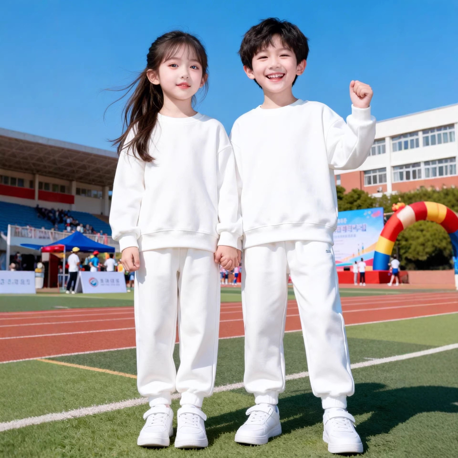 儿童套装卫衣小学生运动会班服纯白色束脚长裤中学生活动校服春秋