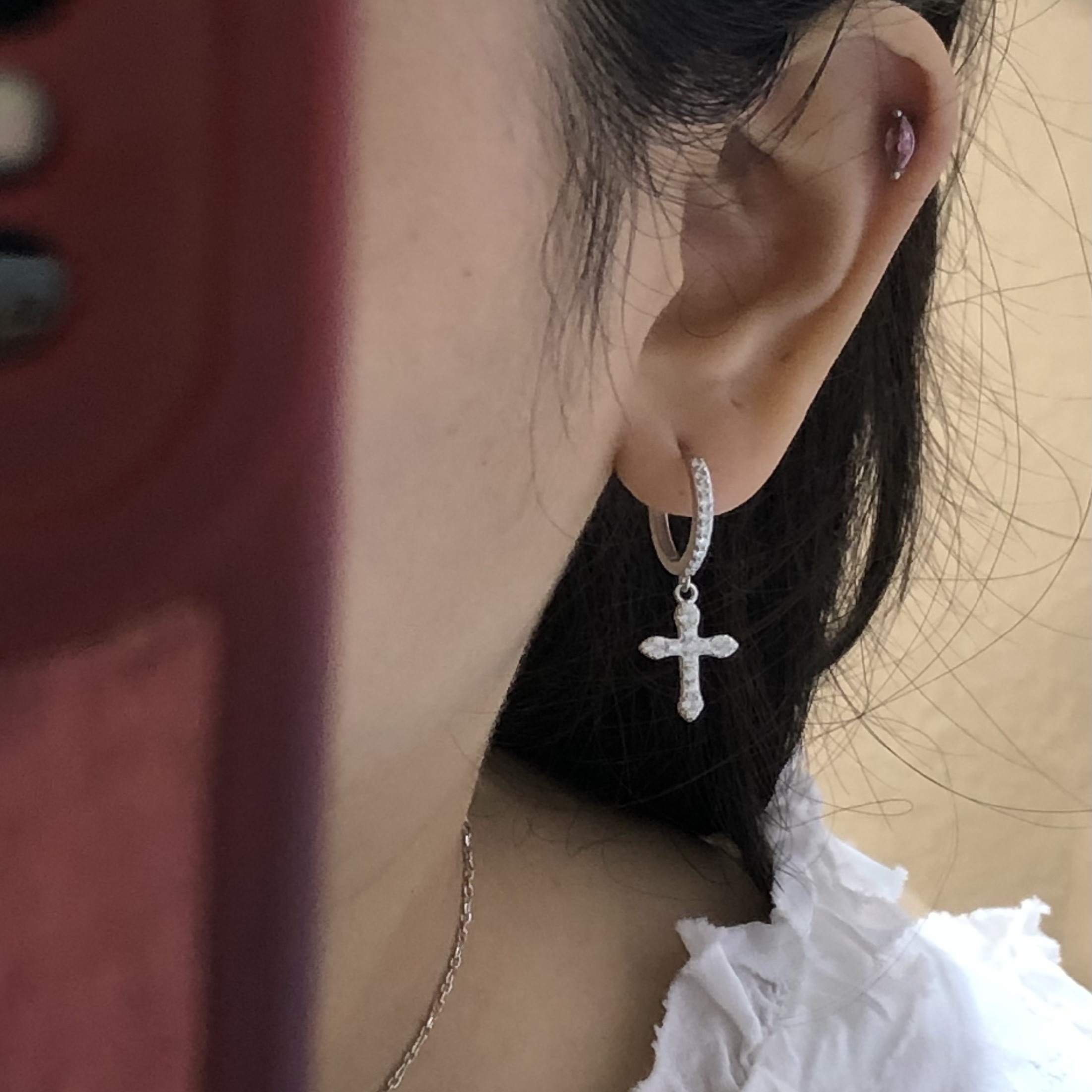 BM风通体纯银S925十字架锆石耳环