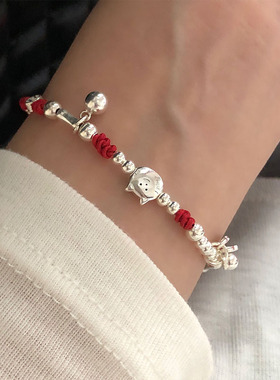 S925银小猫咪小鱼吊坠圆珠手链女