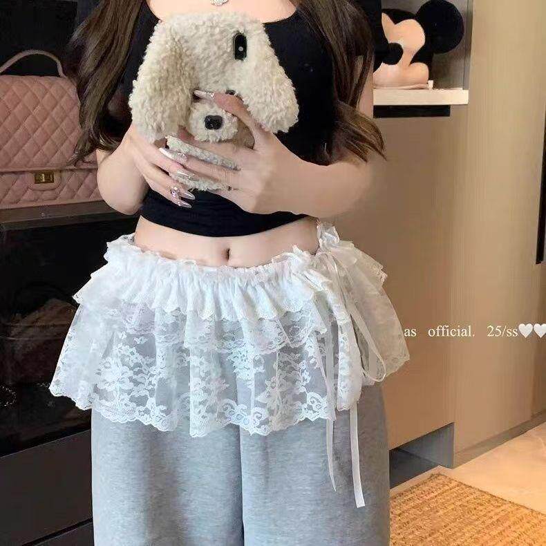 白色芭蕾风蕾丝半身裙屁帘女春夏季韩系叠穿绑带配牛仔裤遮臀短裙