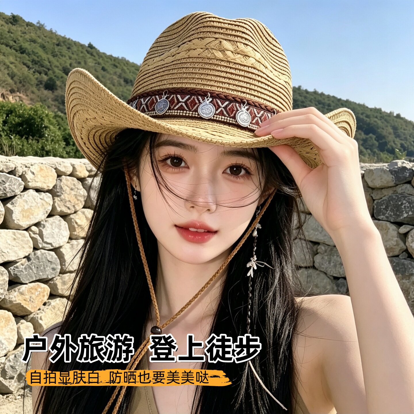 民族风草编西部牛仔帽子女夏季新疆旅游大帽檐草帽遮阳防晒爵士帽