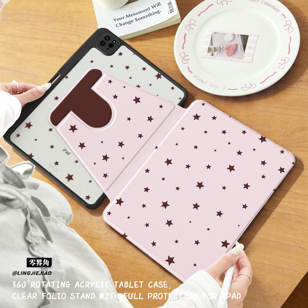 适用于360旋转保护套iPadair8防弯亚克力2026保护壳10代粉底星星苹果11平板10.2笔槽Pro12.9寸mini4/5/7防摔