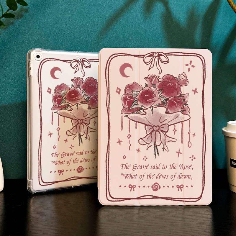 简约玫瑰捧花适用于ipadmini6保护套2021新款pro12.9寸Air5苹果ipad平板保护壳mini6笔槽2022第10九三折防摔