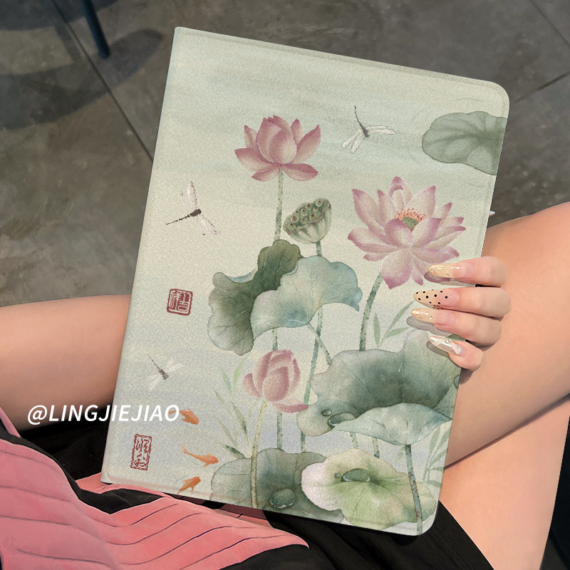 适用于ipad保护套ipad9壳复古荷花苹果air5第十代平板2025新款pro11带笔槽10.2硅胶全包mini6防摔ari6书本式